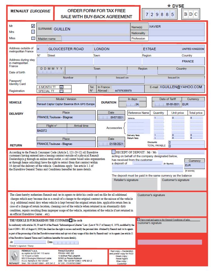 Renault Eurodrive Order Form